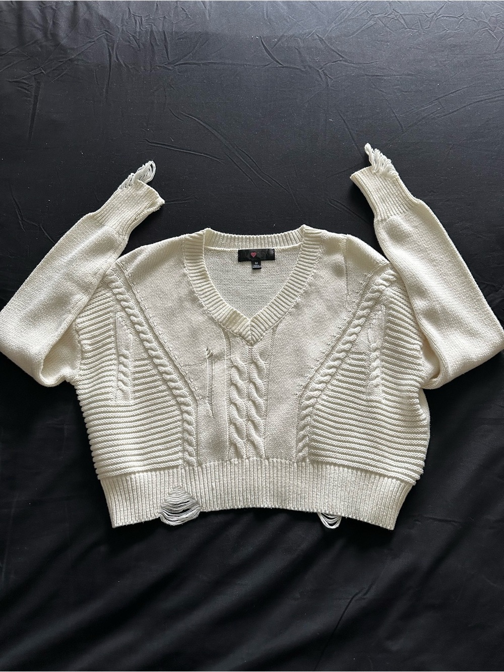 Cropped Cream V-Neck Cable & Rib Knit Sweater